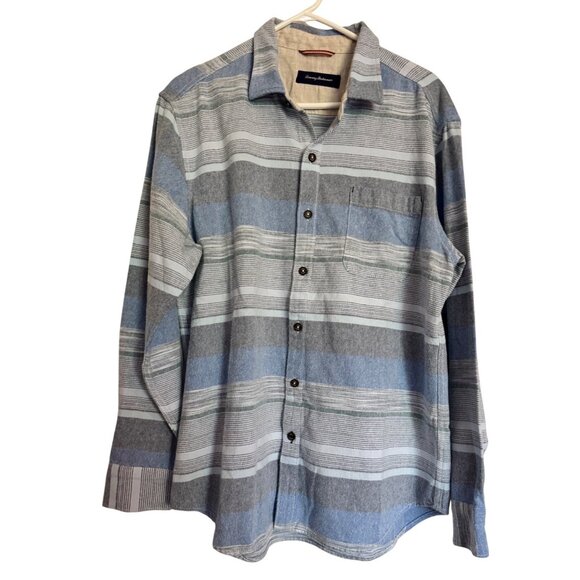Tommy Bahama Flannel Button Up Shirt Size Large Men's Blue Print EUC - Picture 1 of 8